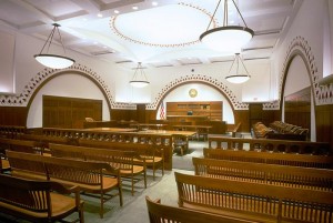 A courtroom in the Moakley Courthouse